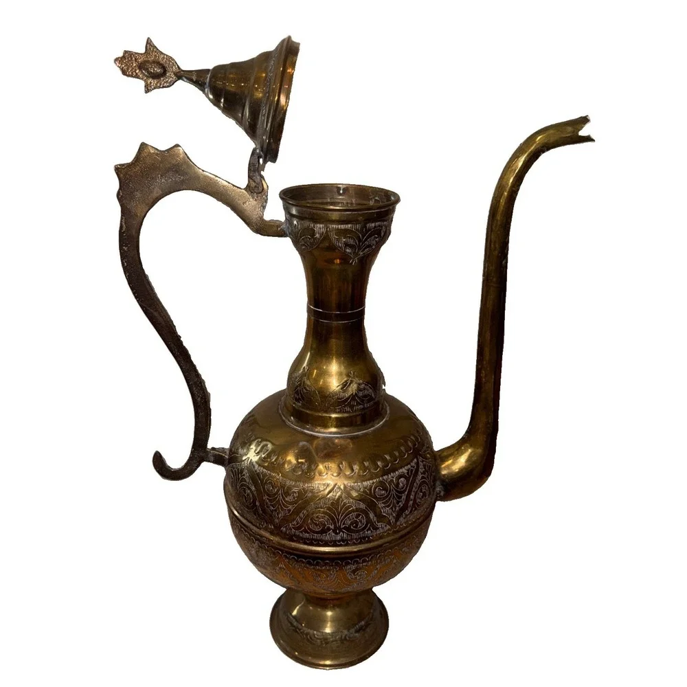 VTG LARGE HEAVY Brass Etched Aftaba Pot Ewer Pitcher 22